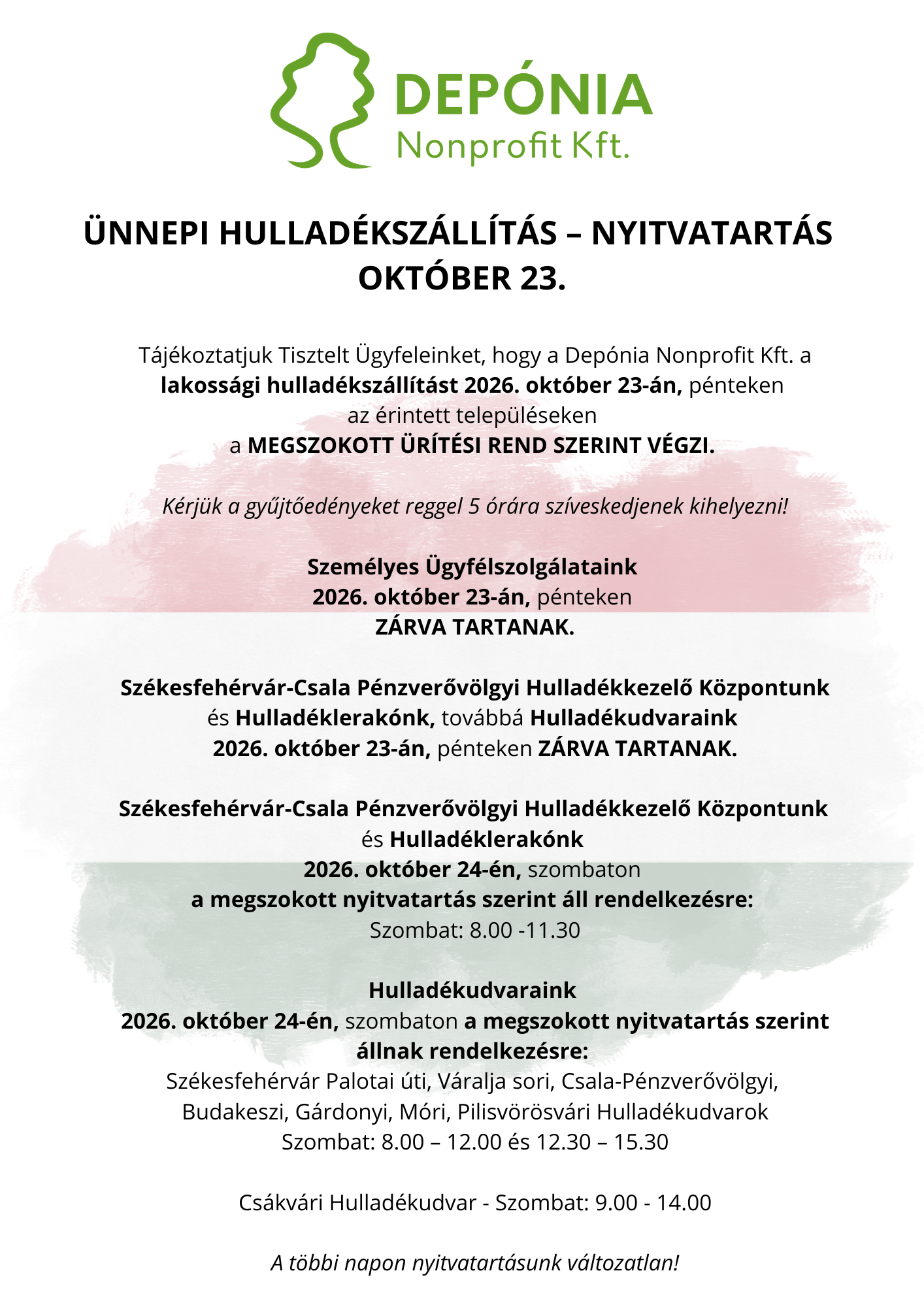 Ünnepi Hulladékszállítás Október 23